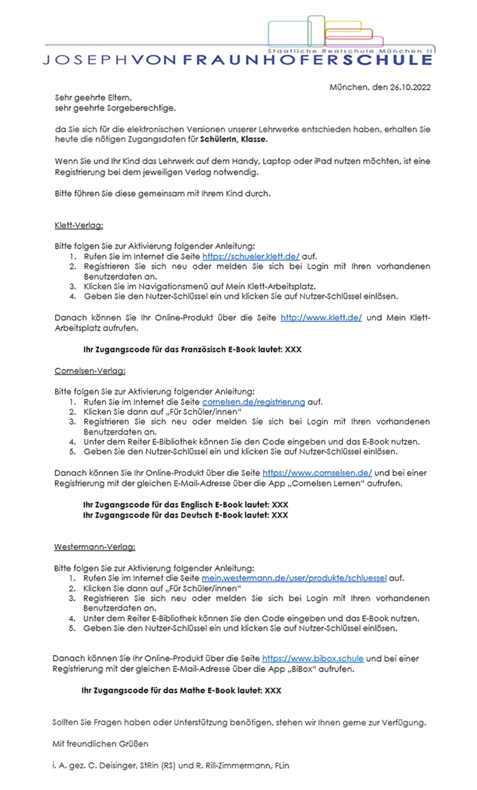 Screenshot des Elternbriefs zu digitalen Schulbüchern